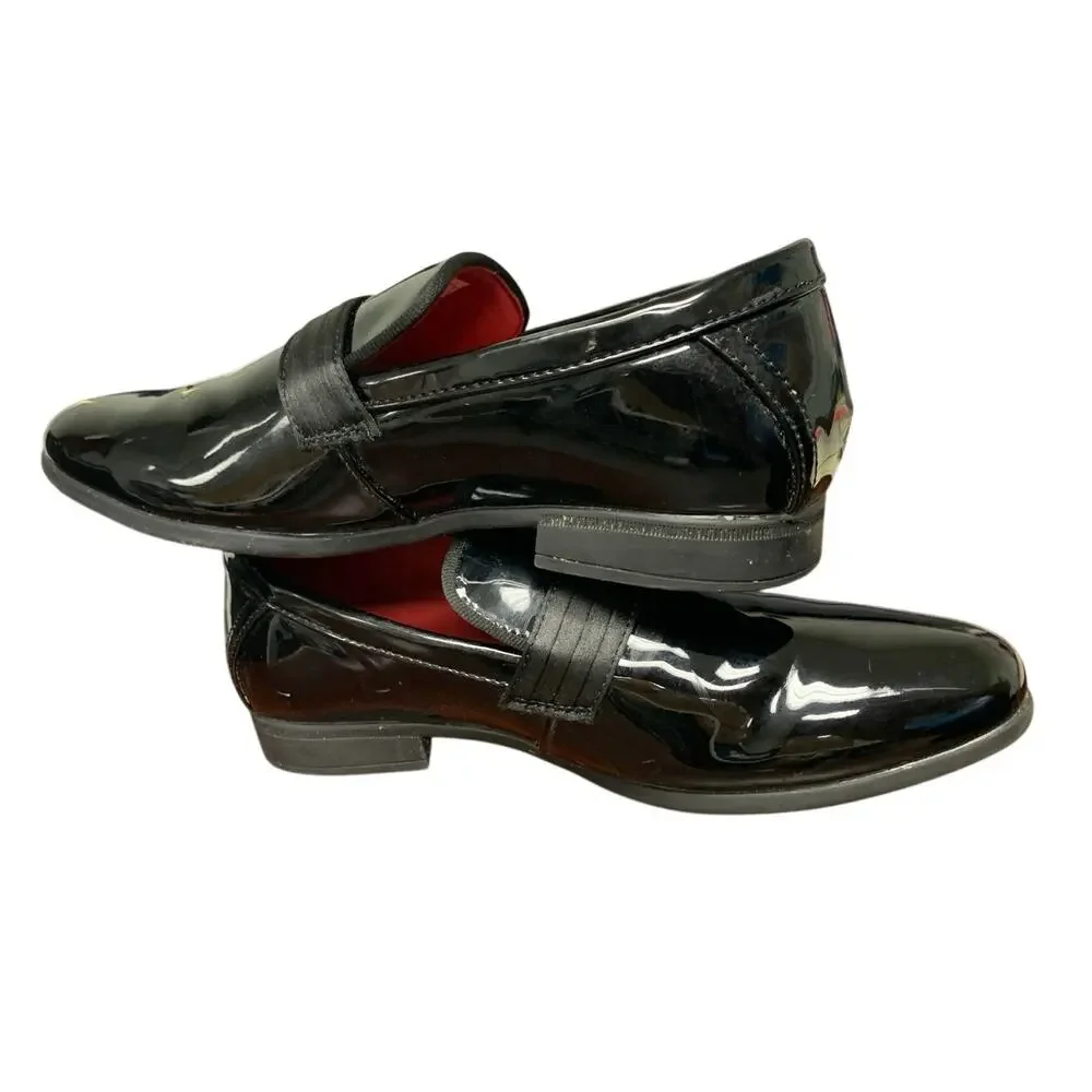 Bruno Marc Boys Size 5 Black Faux Leather Slide On Loafer Dress Tuxedo Shoes